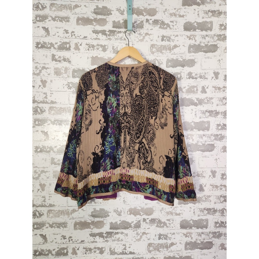 Boho Floral‎ Pleated Cardigan Large Muticolor Abstract Artsy Open Front Jacket - Picture 8 of 16